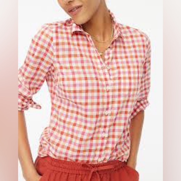 J.Crew Shirt Women’s Button Down signature fit Sz L Gingham Plaid lOrange Pink - Picture 1 of 7